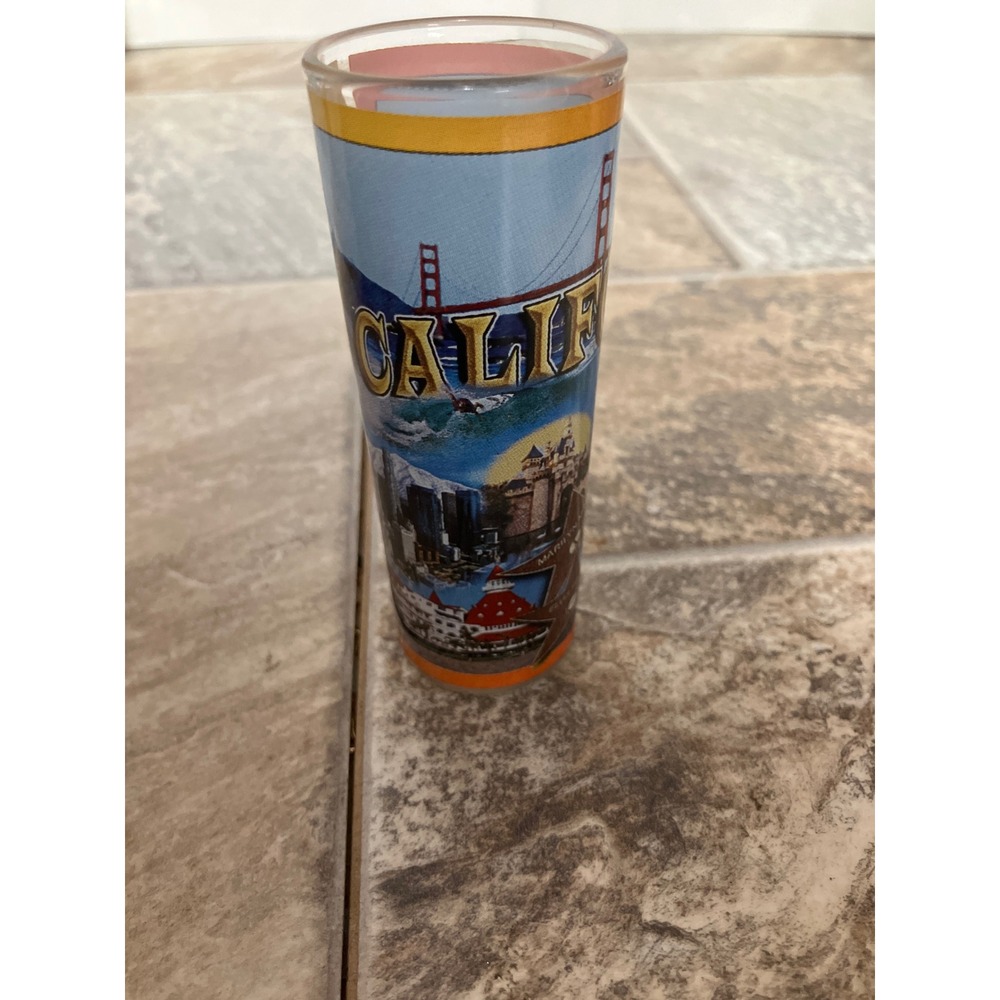 California Souvenir Tall Shot Glass Golden Gate Bridge Hollywood Landmarks